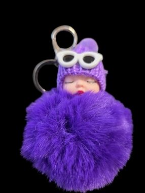 Purple Faux Fur Pom Bag Charm Keychain with Sleepy Doll Accent